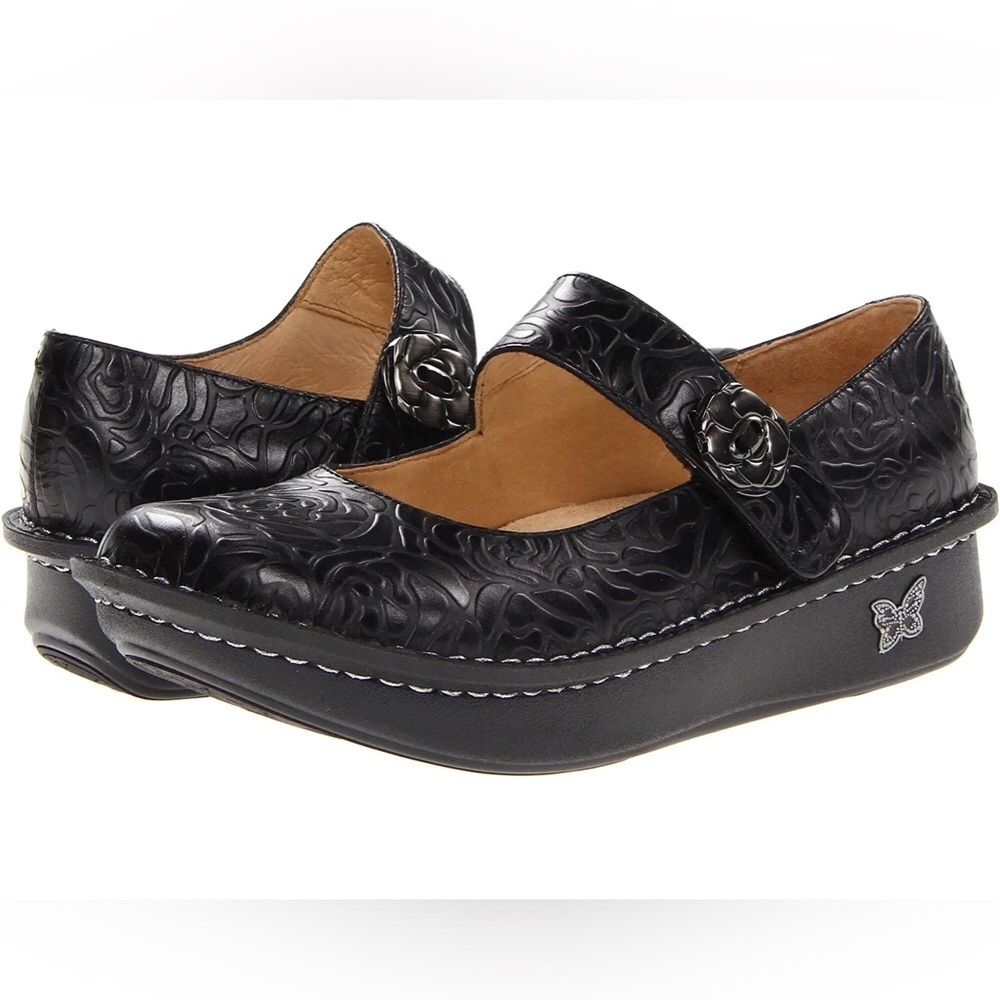 Brand-new Alegria Paloma Black Leather Embossed Rose Strap Mary Janes 11 wide